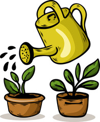 Yellow watering can with potted plants for garden maintenance, vector illustration. Plant care concept with watering pot and green houseplants © Natalia