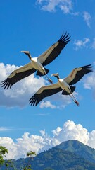 Obraz premium A scenic view of two birds flying over a mountain