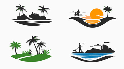 Fototapeta premium Four stylized illustrations depicting palm trees, landscapes, and people on a white background