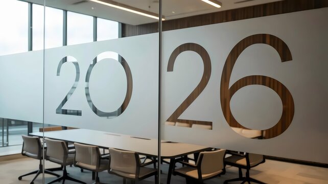 Contemporary conference space with 2026 glass feature - for business architecture content
