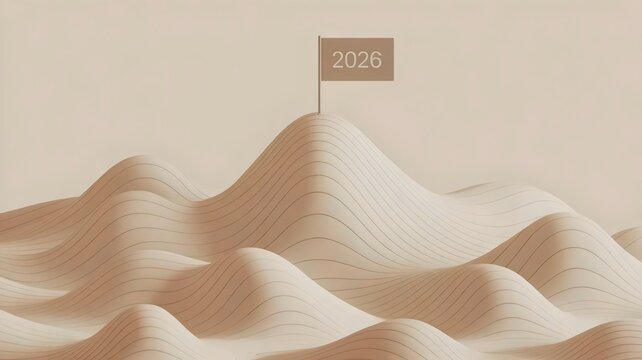 Abstract 3D topography map with 2026 summit flag - for business goal presentations