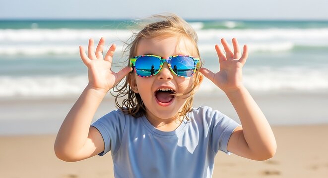 Happy child playing on sandy beach.