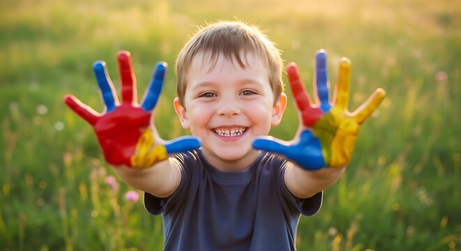 Happy child with colorful painted hands.