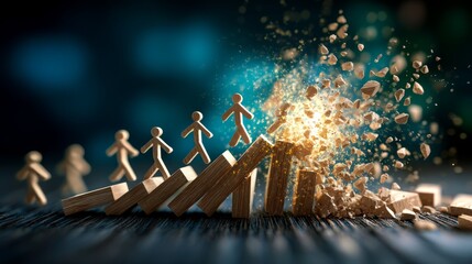 Obraz premium risk management, SEO, uncertainty, Determined wooden figures escaping collapsing block network, recovery concept with copy space for text overlay