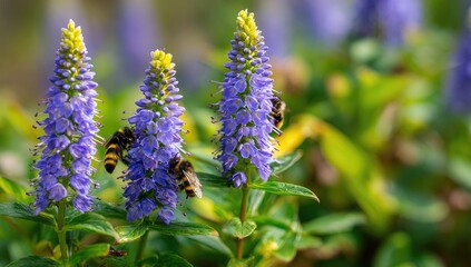 Obraz premium Vibrant purple flower spikes hosting busy striped bees, set against blurred green foliage
