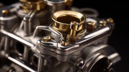Fototapeta premium close up of a classic carburetor with polished metal surfaces, shallow depth of field, soft studio lighting, photorealistic, highly detailed, macro