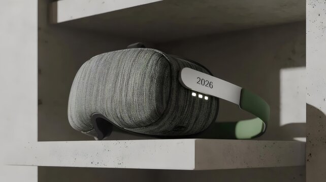 Charcoal woven fabric VR headset on industrial shelf - for tech sustainability imagery