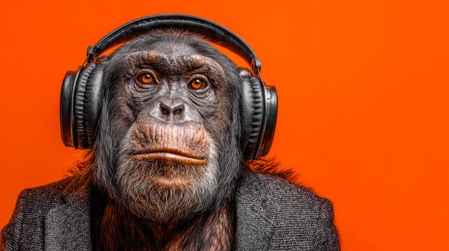Anthropomorphic chimpanzee emoji with headphones and suit against vibrant orange background