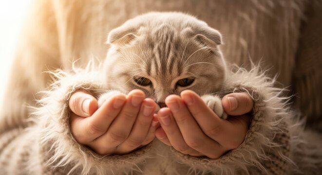 Adorable Scottish Fold kitten peeking from behind a persons hands.
