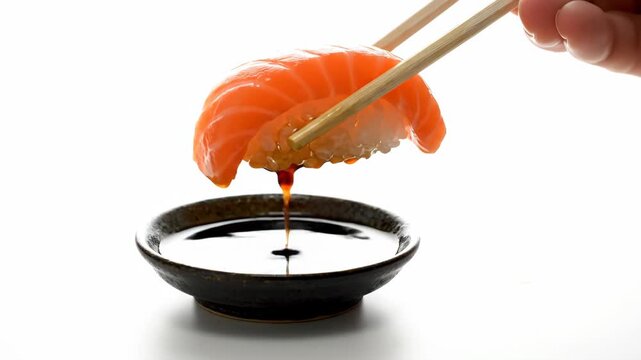 chopsticks holding fresh salmon sushi nigiri above soy sauce bowl. japanese traditional cuisine. asian food dining. seafood meal close up isolated on white background. restaurant menu, culinary blog.