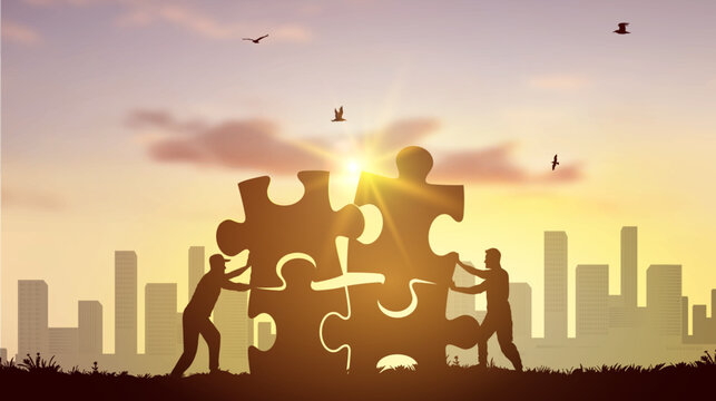 Silhouette two men pushing to connect jigsaw puzzle with sunlight and bright sky, view of the city. Creative black symbol of business corporate teamwork to solutions, success and strategy concept.