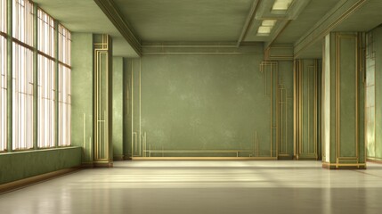 Obraz premium Empty art deco room in olive green tones, subtle gold lines, soft natural light, balanced composition, high detail, calm luxury interior