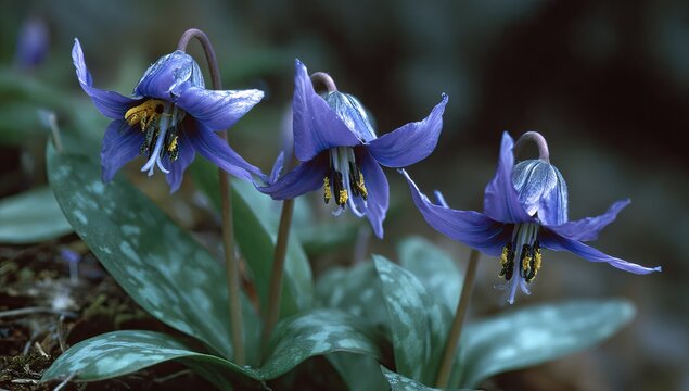 Three purple-blue wildflowers with reflexed petals, yellow stamens, and mottled leaves