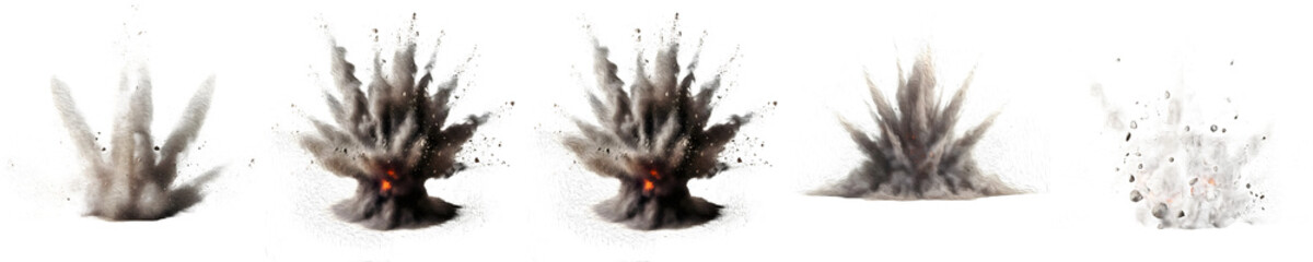 Set of Ground Explosions and Dirt Blasts Isolated on White Background PNG: Realistic Smoke, Dust, and Debris FX Collection for Game Design, VFX, and Action Scene Compositing. © Mr Bunk