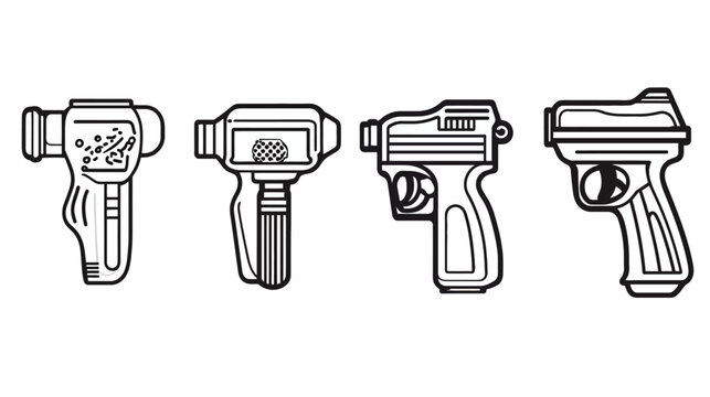 Four black and white firearm illustrations. Each with a unique design and outlined in bold strokes