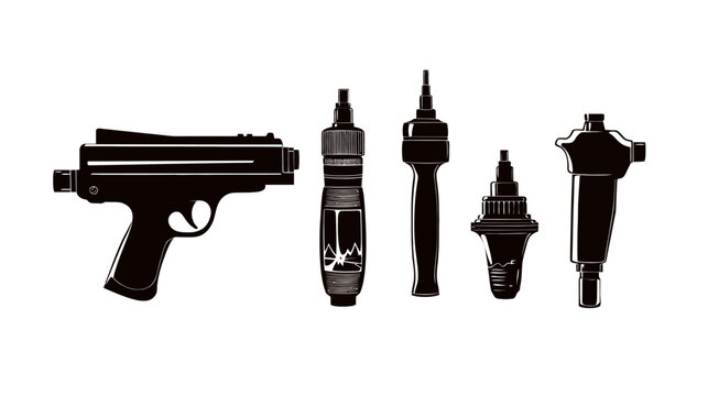 Black silhouettes of a gun and various tools are arranged in a horizontal row on a white background