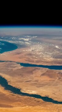 Satellite view of Nile River, Red Sea and Mediterranean Sea. Egypt, Saudi Arabia, Israel and Jordan as seen from space. Africa and Middle East Map. Elements of this video furnished by NASA.