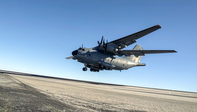 A massive military cargo aircraft flying forward against a clear blue sky, symbolizing power, engineering, and heavy-lift aviation.