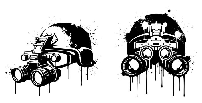 Tactical military helmet with night vision goggles in ink splatter style