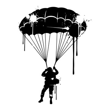 Paratrooper descending with open parachute in ink splatter silhouette style
