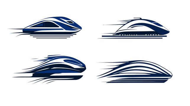 Four stylized images of high-speed trains in motion, showcasing speed and design with white background