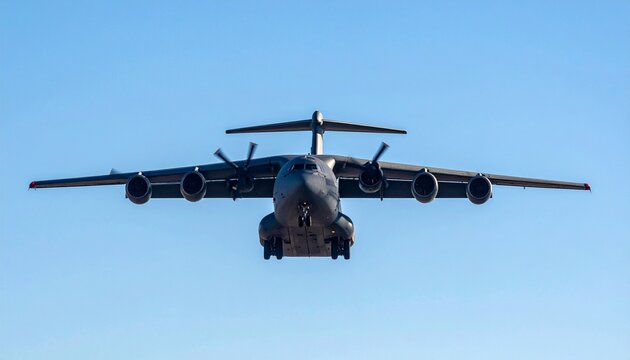 A massive military cargo aircraft flying forward against a clear blue sky, symbolizing power, engineering, and heavy-lift aviation.