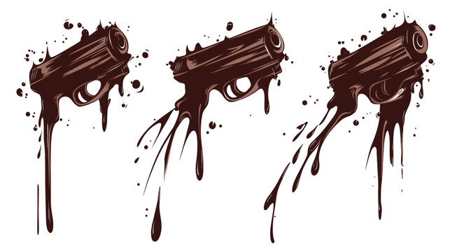 Three stylized, chocolate-like pistol illustrations with dripping effect, on a white background