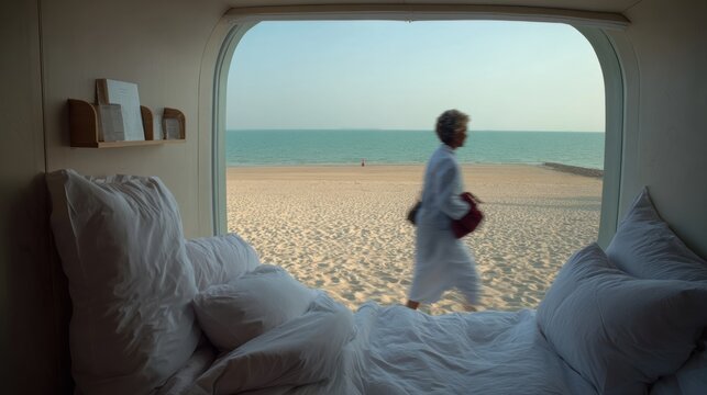 Woman Walking on Beach Outside Coastal Bedroom Window in White Robe