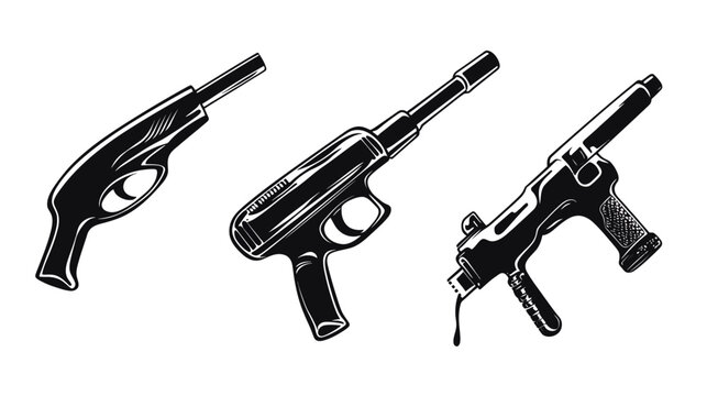 Three stylized, monochromatic depictions of firearms, each showcasing a unique design against a white background