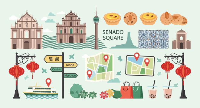 A comprehensive collection of flat design icons representing famous landmarks, food, culture, and travel experiences in Macau, China.