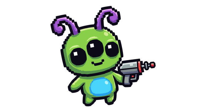 Pixel Art Green Alien Holding Ray Gun.