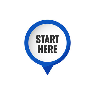 Start here blue vector pin banner navigation circular pointer icon with text in flat style isolated on white background