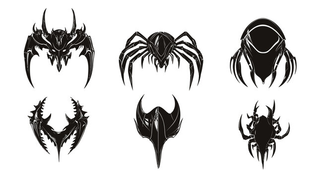 Black graphic illustrations of grotesque insect-like creatures in various stylized, threatening poses