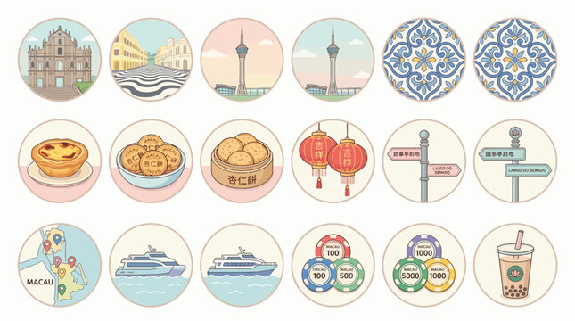 A collection of circular illustrations representing iconic landmarks, food, and cultural elements of Macau, presented in a visually appealing grid.