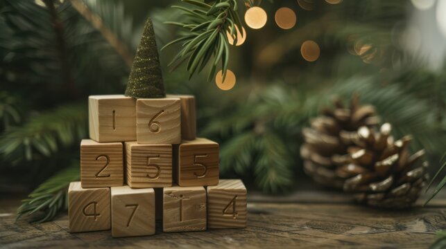 Wooden Block Calendar Numbers with Christmas Tree Decorations and Pinecones