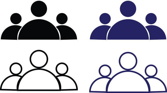 Minimalist people icons set, group of three users in solid and outline styles, black and navy blue team symbols for business interface design