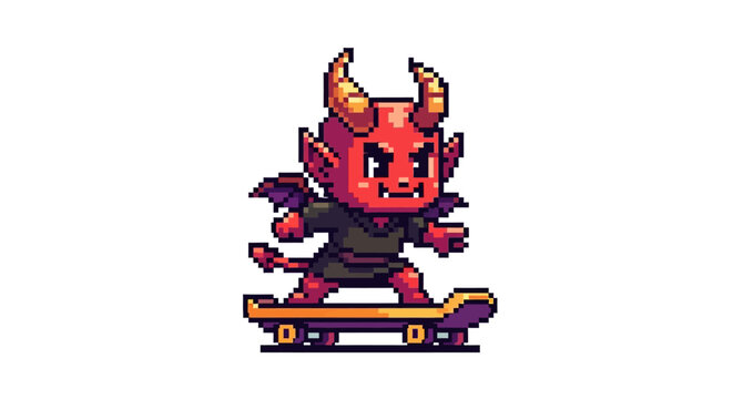 Pixel Art Red Devil Character Riding a Skateboard.