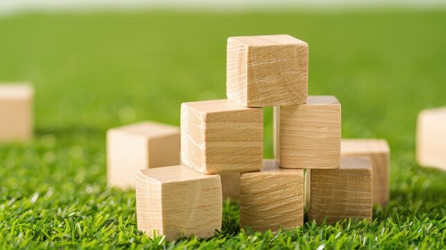 Wooden Blocks Stack on Green Grass in Outdoor Setting