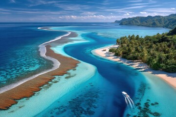 Fototapeta premium Aerial view of Palau islands with turquoise lagoon, white sand beach and boat cruising a reef channel