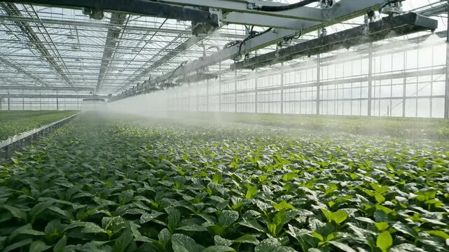 Industrial sprinkler system misting organic plants in a commercial hydroponic greenhouse facility utilizing smart farming technology for sustainable agriculture