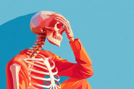 Red skeleton illustration holding head in thoughtful pose, colorful anatomical art and medical concept