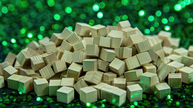 Wooden Blocks Piled on Glittering Green Bokeh Background