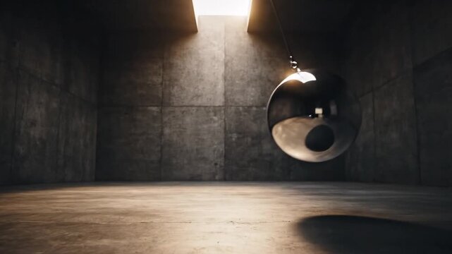 Heavy metallic pendulum in dark concrete room with ceiling light