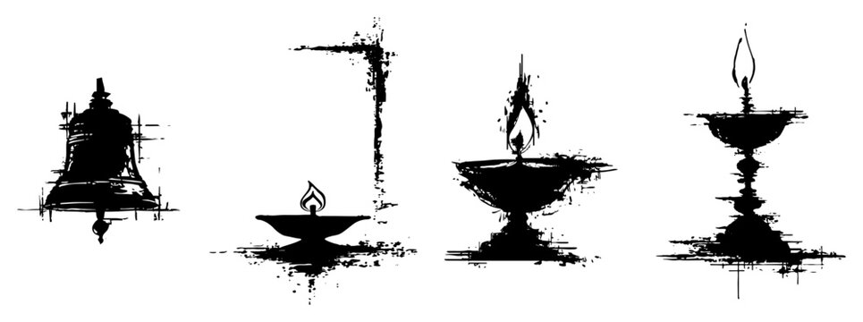 Traditional Hindu prayer items including bell and oil lamps vector illustration