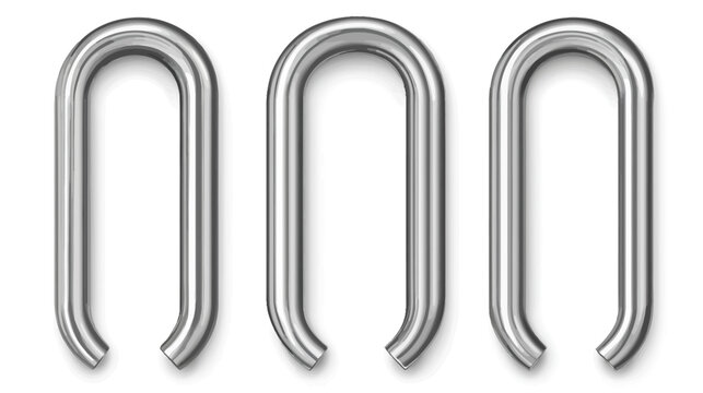 Three identical silver metallic U-shaped objects, with a shiny, reflective surface, isolated on white