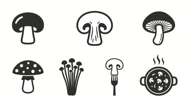 Set of various mushroom icons including champignon enoki and soup pot in black and white flat design, concept for culinary branding, healthy food logo and restaurant menu design