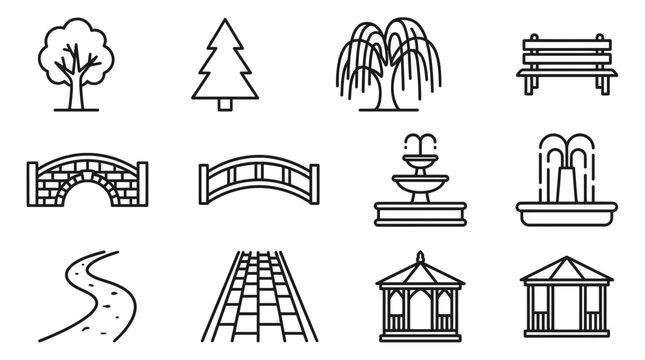 Collection of minimalist park and garden landscape line icons featuring trees, benches, bridges and gazebos, concept for landscape architectural design, urban planning and garden signage