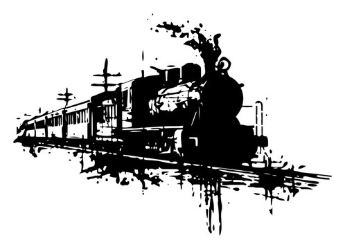 vintage steam train locomotive driving on tracks in grunge ink style