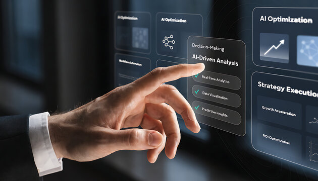 Hand interacting with futuristic AI decision making interface