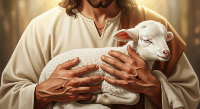 Jesus, the divine shepherd, gently cradles a small, innocent lamb in his arms, symbolizing compassion, protection, and spiritual love.